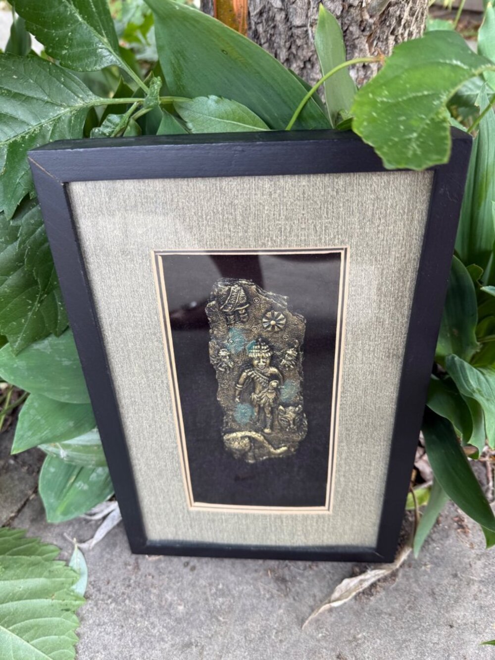 Figural Carved Deity Artwork Shadow Box Gold Turquoise 12x8"